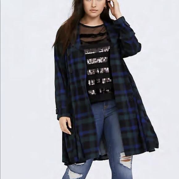 Torrid blue green plaid fit & flare trench coat 2X - Picture 1 of 6